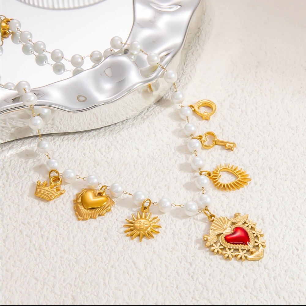 Pearl Charm Necklace with Sacred Heart Pendants Elegant Beaded Statement Jewelry